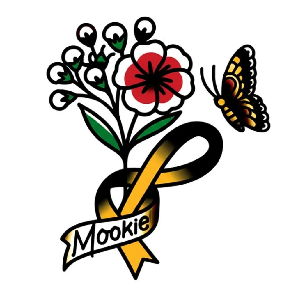 Baby's Breath, Cancer Ribbon, Butterfly, and 'Mookie' Old School Tattoo
