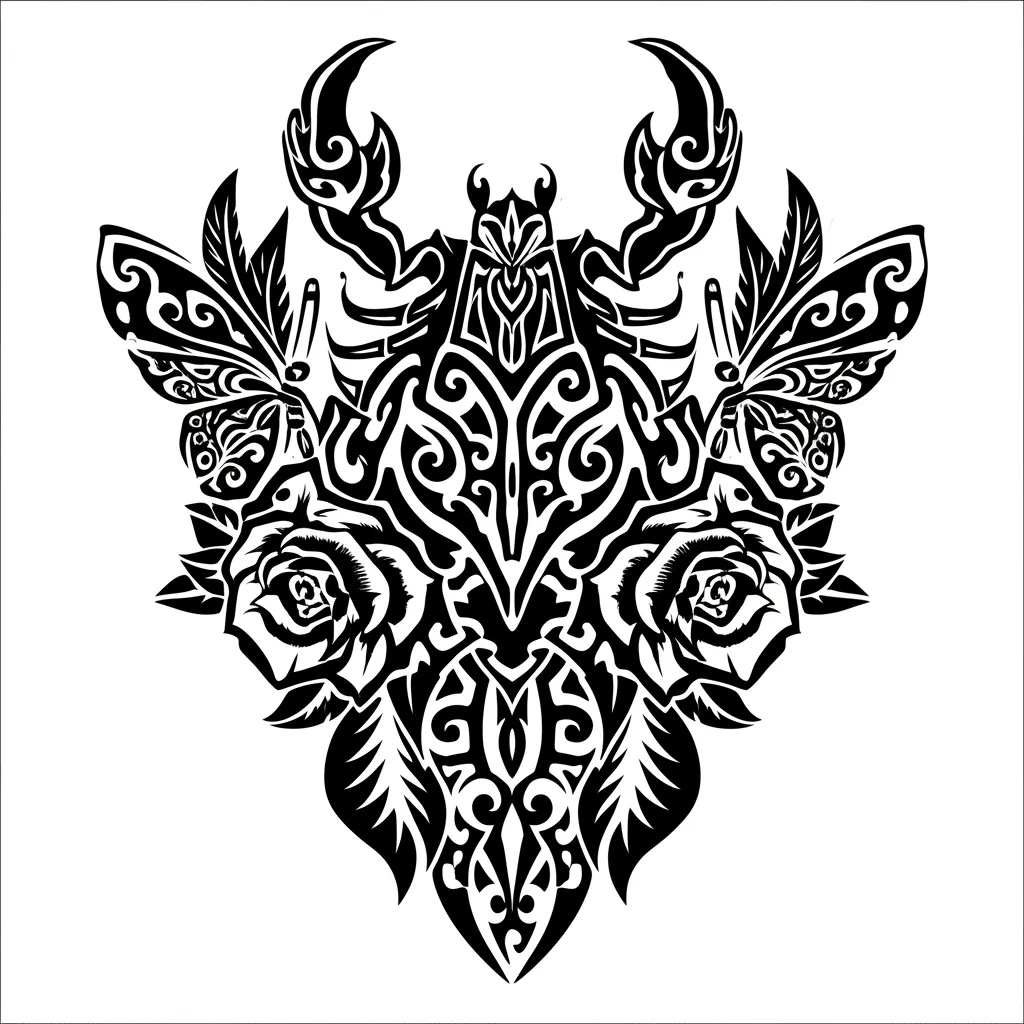 Tribal Scorpio, Roses & Butterflies Tattoo Design