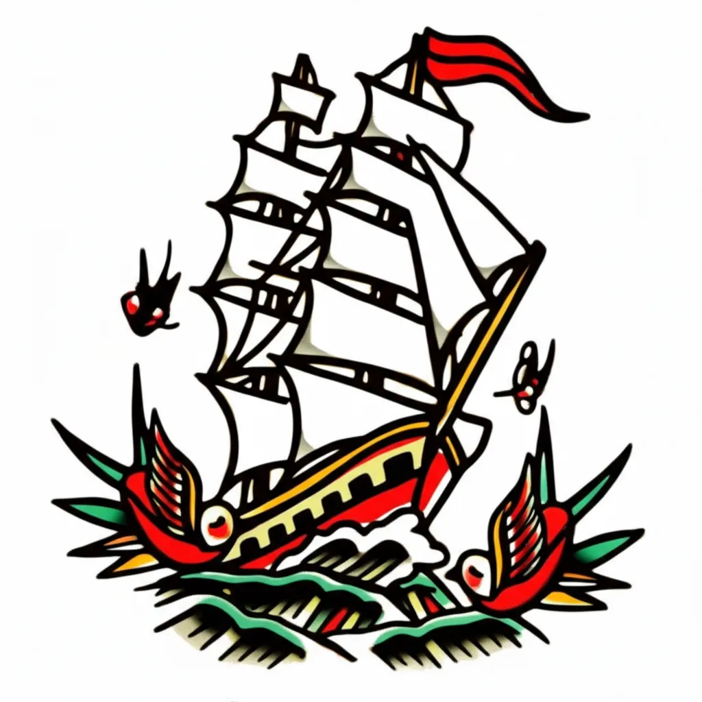 American Traditional Clipper Ship Tattoo with Swallows American Traditional Clipper Ship Tattoo with Swallows