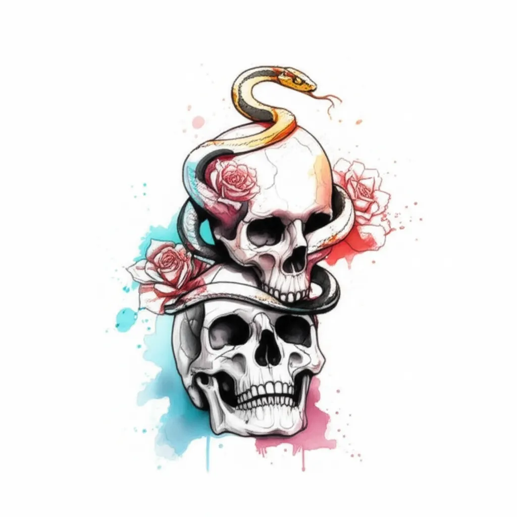 Watercolor Skulls, Snakes, and Roses Tattoo Design Watercolor Skulls, Snakes, and Roses Tattoo Design