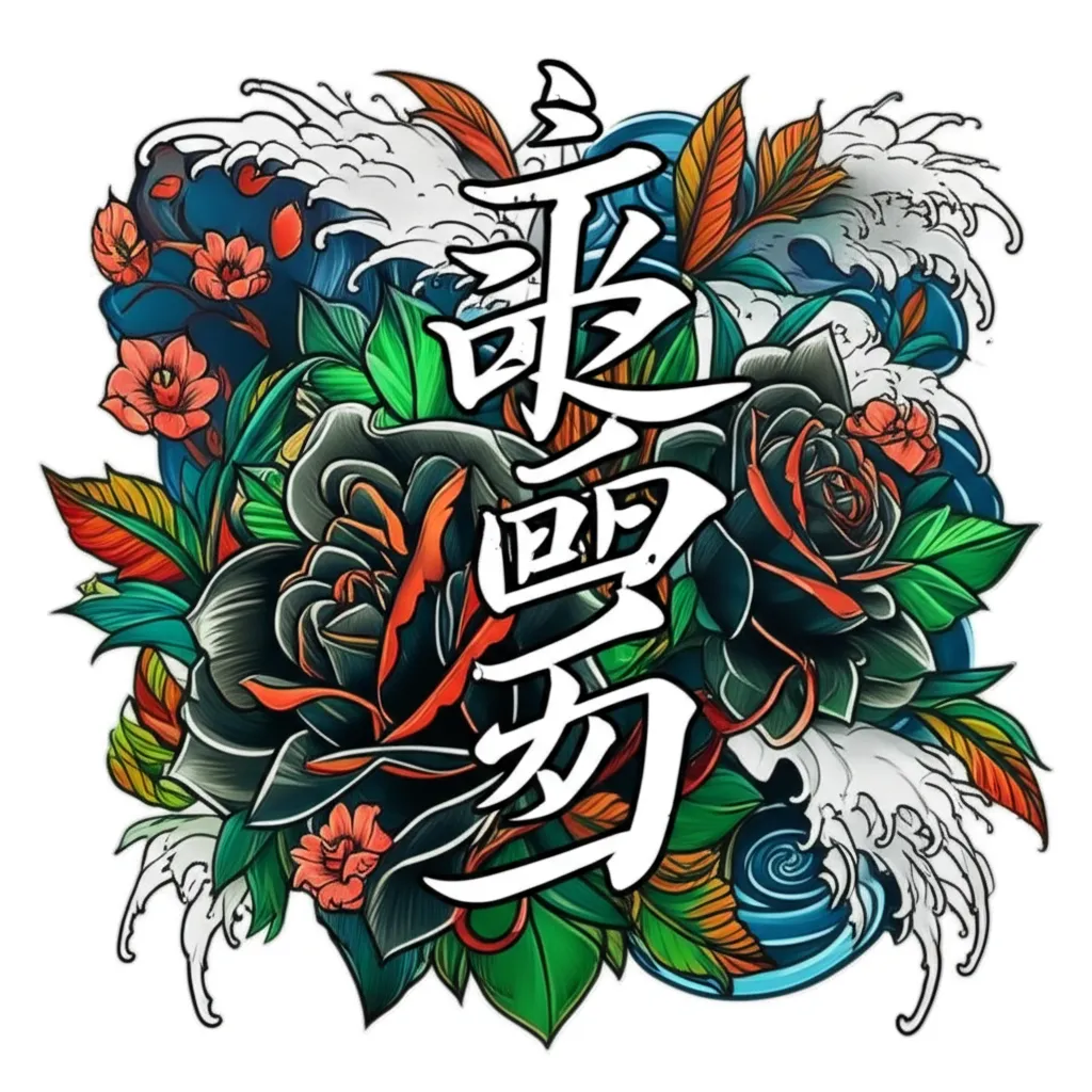 Japanese Tattoo with Chinese Letters and Black Roses