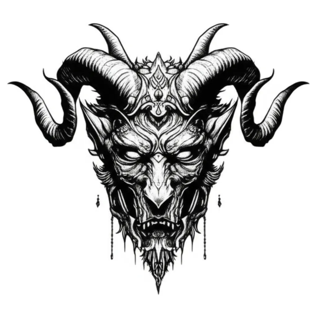 Gothic Demon with Ram Horns Tattoo Design