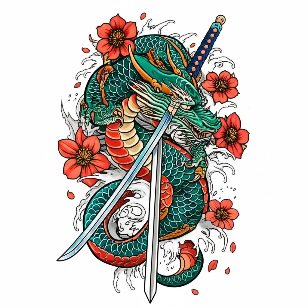 Japanese Dragon with Sword and Cherry Blossom Tattoo Design Japanese Dragon with Sword and Cherry Blossom Tattoo Design