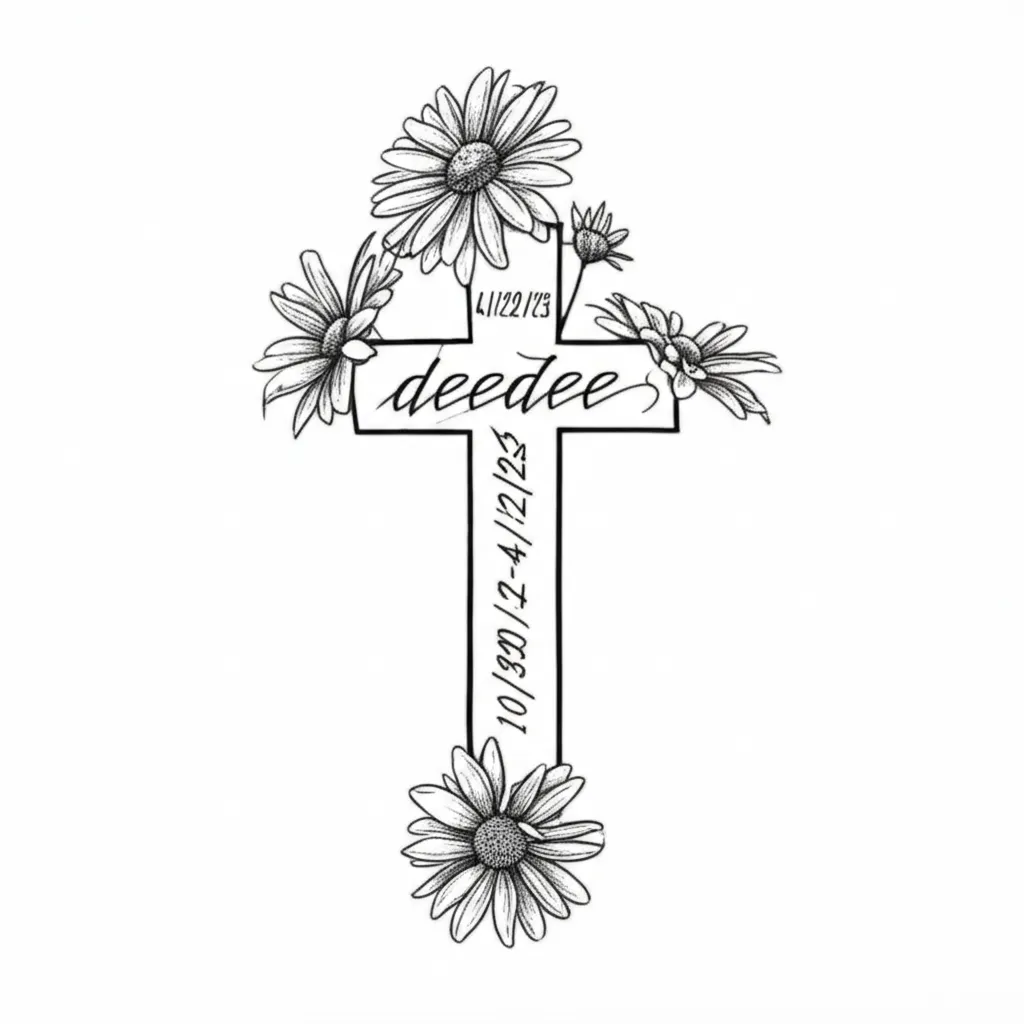 Deedee Memorial Tattoo: Daisies, Cross, and Dates Deedee Memorial Tattoo: Daisies, Cross, and Dates