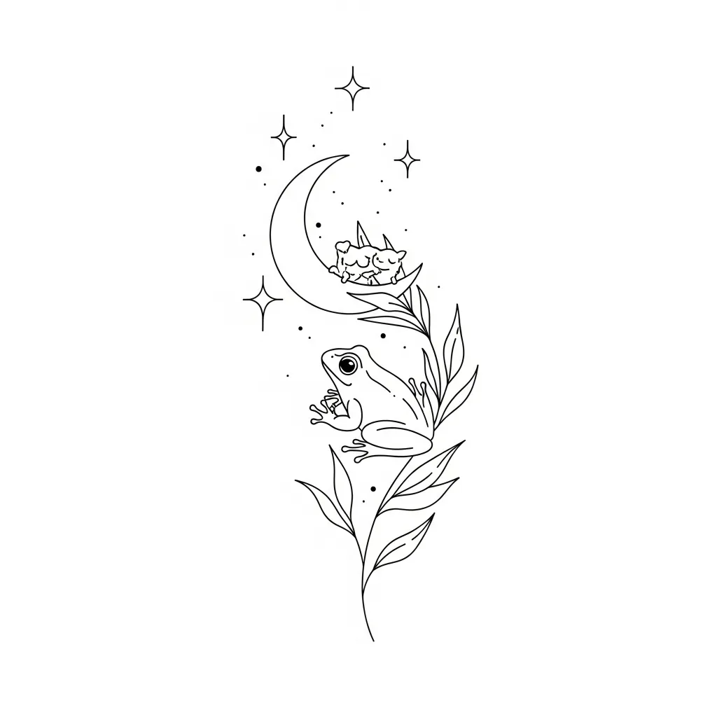 Minimalist Moon, Stars, and Frog Tattoo Design
