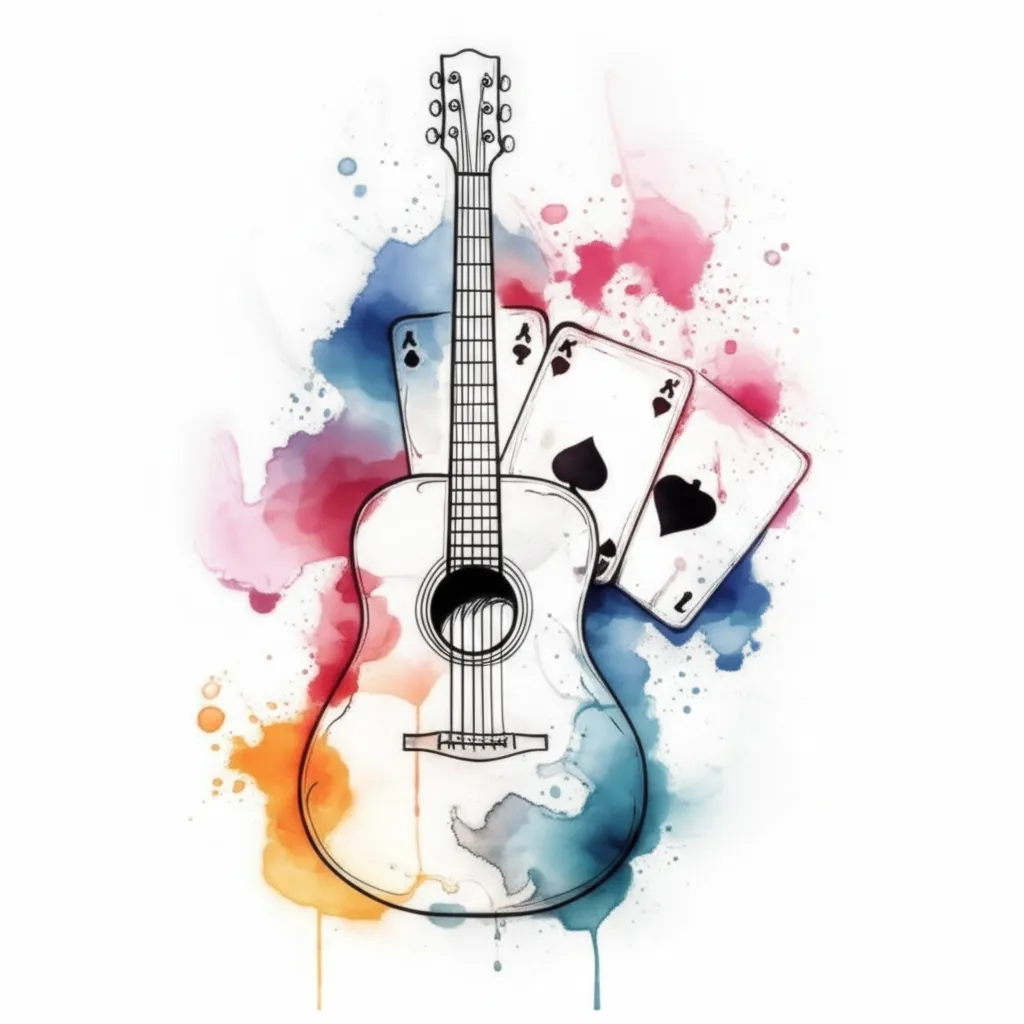 Watercolor Guitar with Playing Cards Tattoo Idea Watercolor Guitar with Playing Cards Tattoo Idea