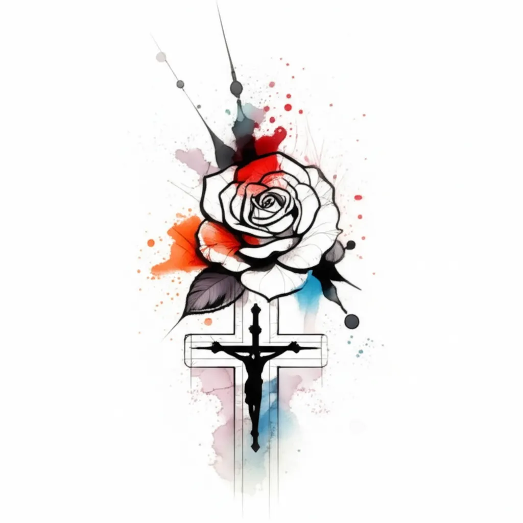 Watercolor Rose and Cross Tattoo Design - Black Ink Lupe Watercolor Rose and Cross Tattoo Design - Black Ink Lupe