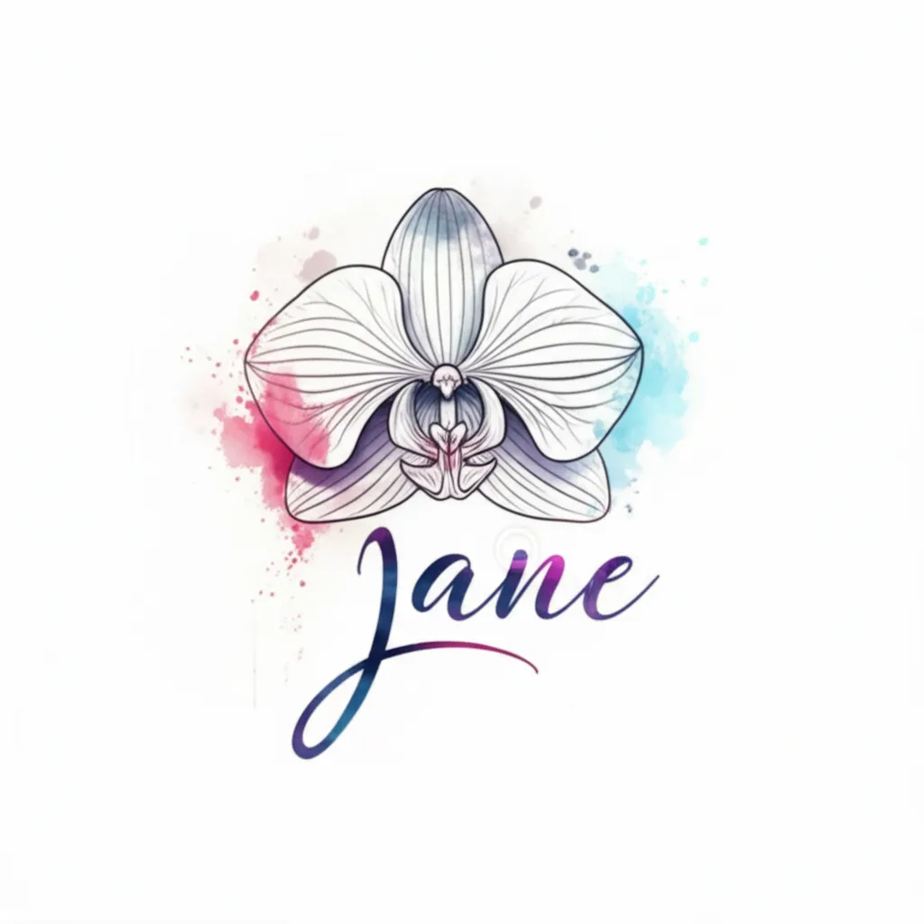 Watercolor Orchid Tattoo with Name 'Jane' - Unique Floral Design Watercolor Orchid Tattoo with Name 'Jane' - Unique Floral Design