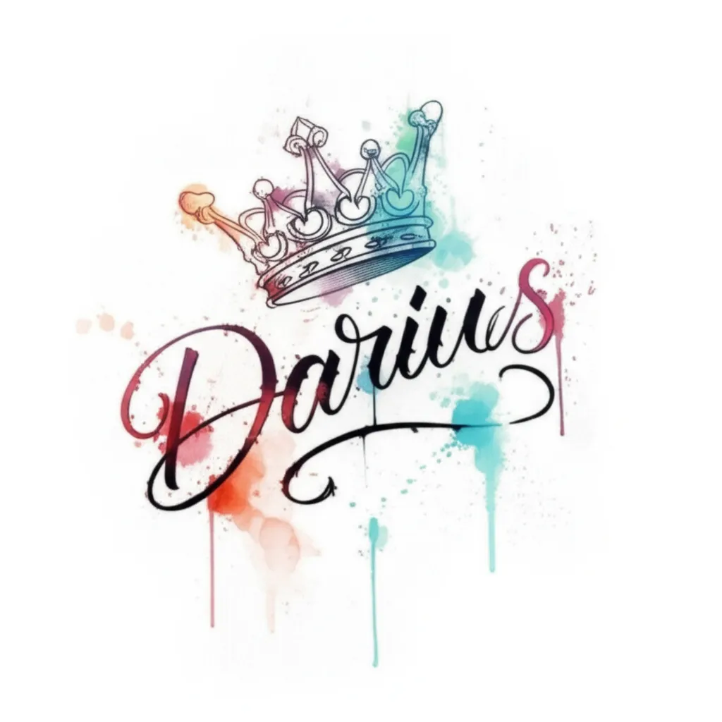 Darius Name Tattoo with Crown in Watercolor Style
