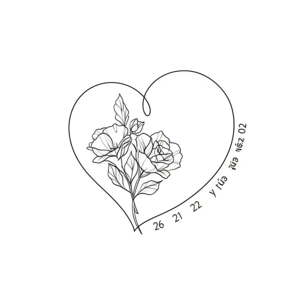 Minimalist Heart Tattoo with Flowers and Meaningful Numbers Minimalist Heart Tattoo with Flowers and Meaningful Numbers