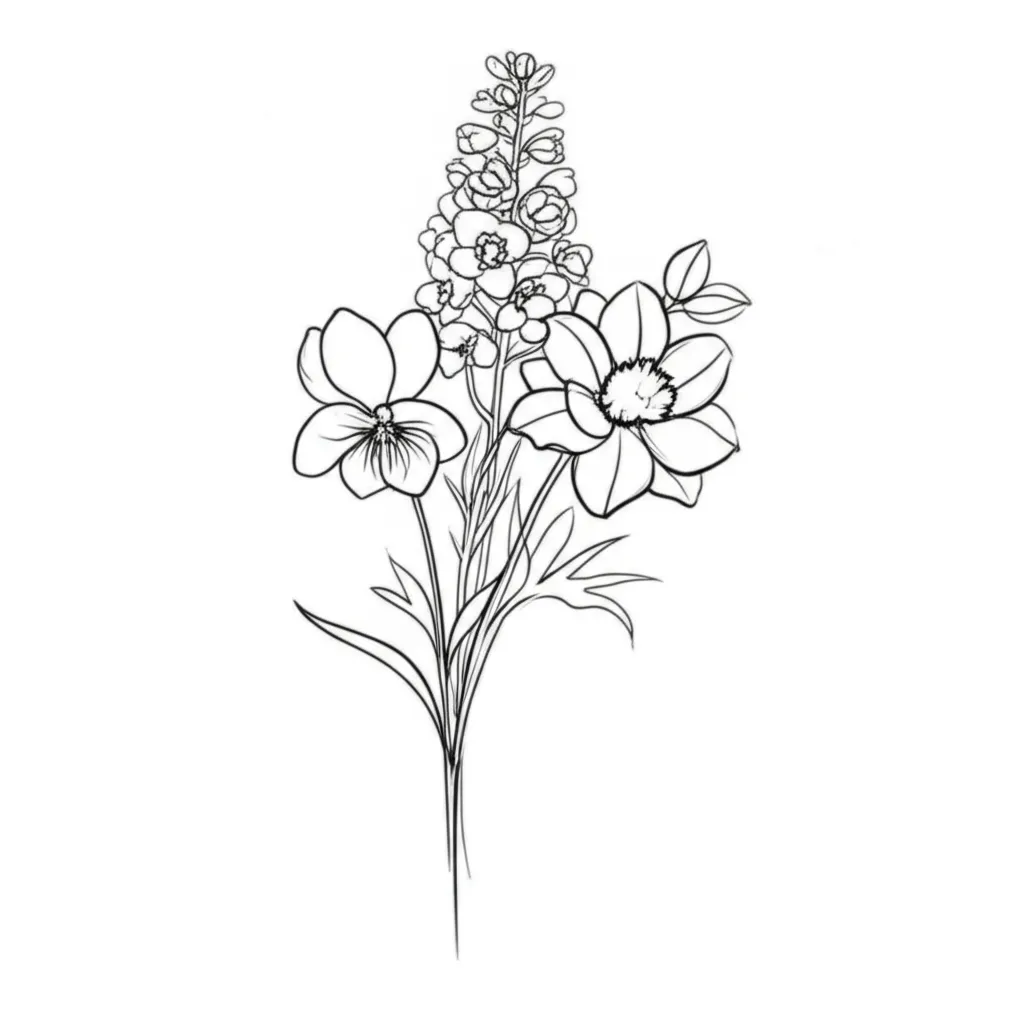 Minimalist Violet, Larkspur, and Paper White Flower Bouquet Tattoo Minimalist Violet, Larkspur, and Paper White Flower Bouquet Tattoo