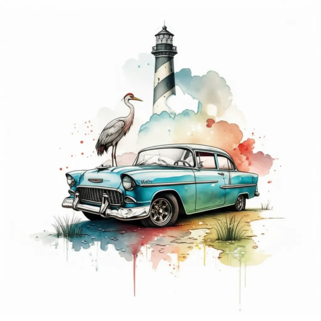 Watercolor Lighthouse, Crane, and 1955 Chevy Belair Tattoo