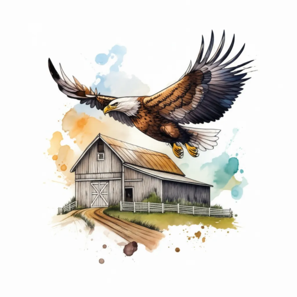 Watercolor Farm and Eagle Tattoo Design Watercolor Farm and Eagle Tattoo Design