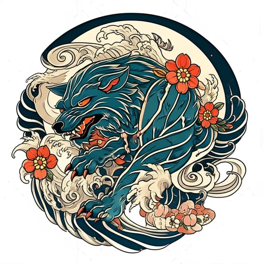 Japanese Wolf and Moonlight Tattoo Design