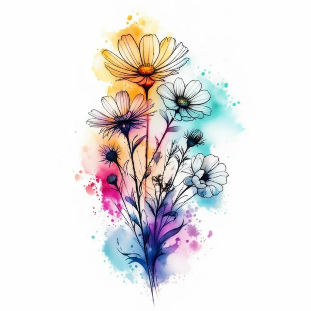 Watercolor Spine Tattoo with September, October, February Birth Flowers Watercolor Spine Tattoo with September, October, February Birth Flowers