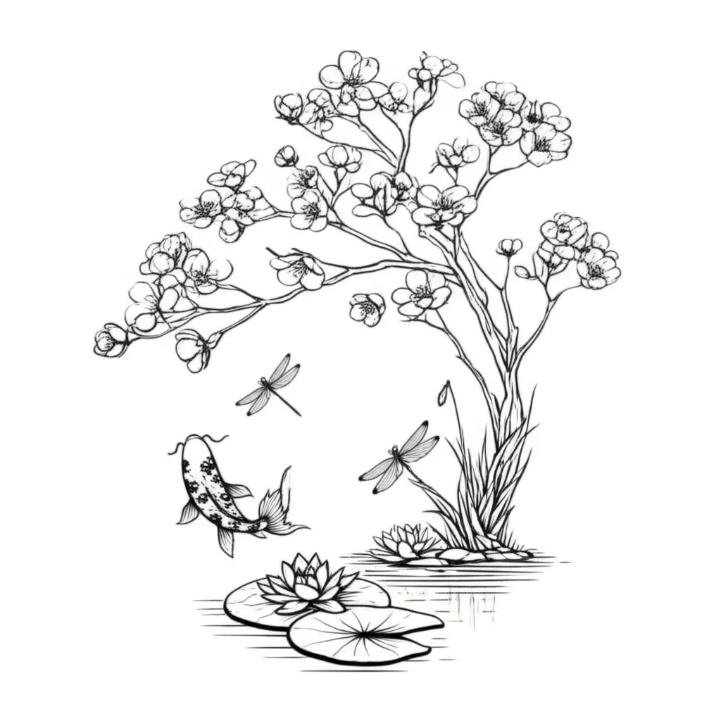 Minimalist Cherry Blossom, Koi Fish, and Dragonfly Tattoo Design Minimalist Cherry Blossom, Koi Fish, and Dragonfly Tattoo Design