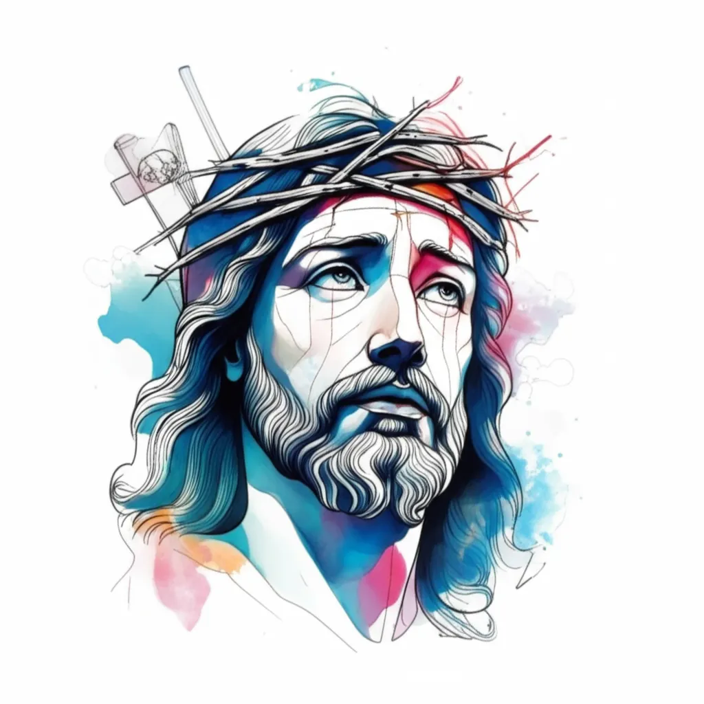 Watercolor American Traditional Jesus Face with Cross Tattoo Watercolor American Traditional Jesus Face with Cross Tattoo
