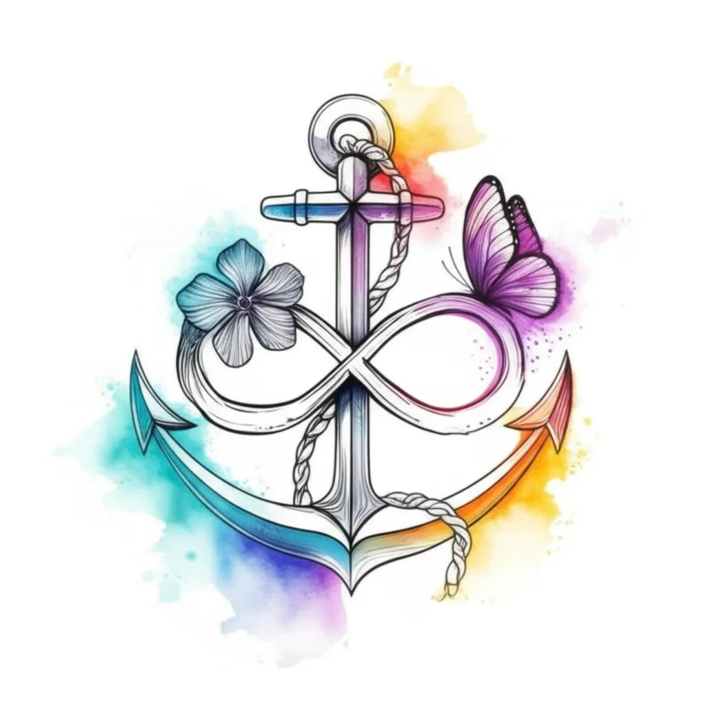 Watercolor Anchor Infinity Tattoo with Vinca Flower and Butterflies Watercolor Anchor Infinity Tattoo with Vinca Flower and Butterflies