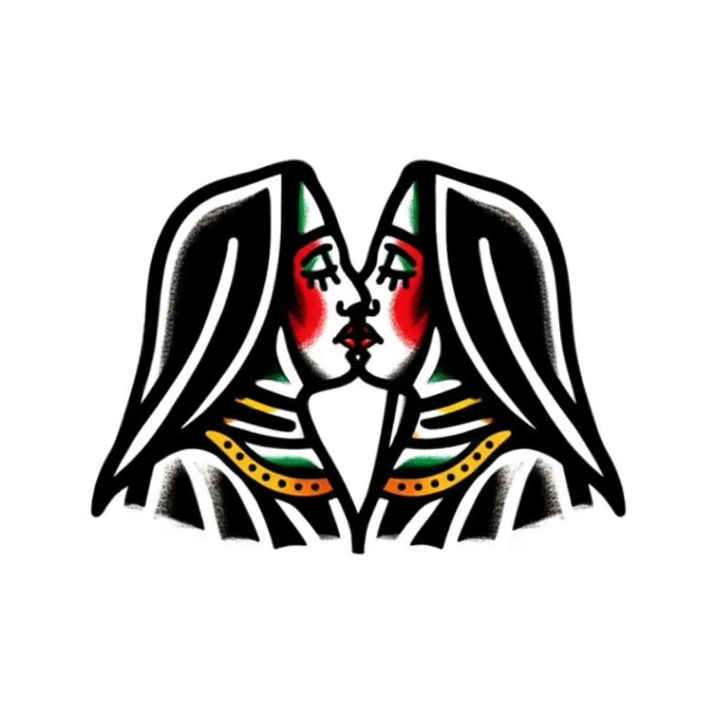 American Traditional Tattoo of Two Nuns Kissing