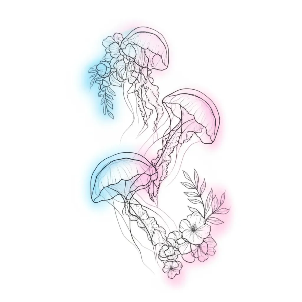 Minimalist Jellyfish Tattoo with Flowers on Back for Women Minimalist Jellyfish Tattoo with Flowers on Back for Women