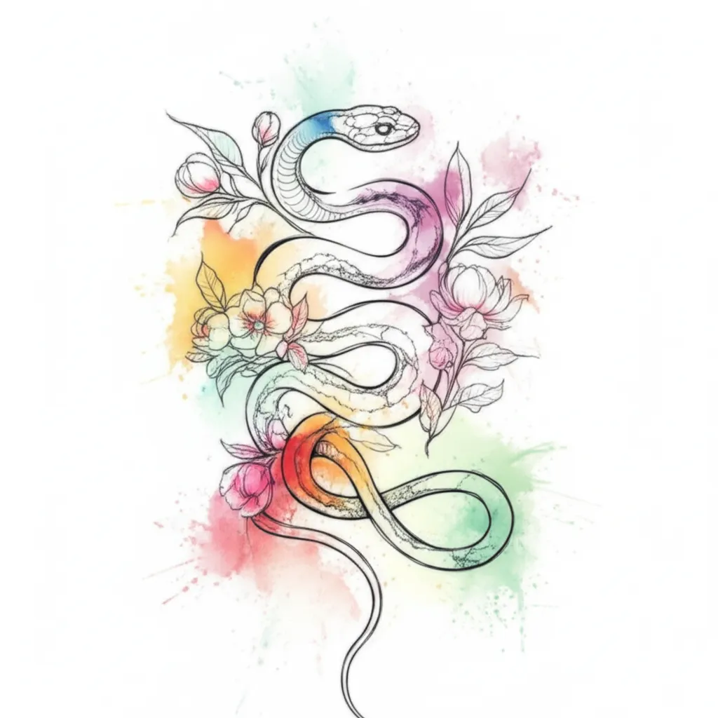 Watercolor Snake and Flowers Tattoo Design