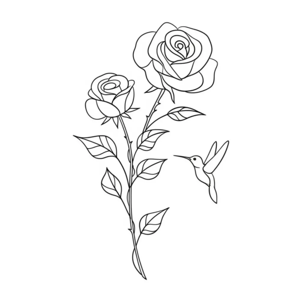 Minimalist Rose, Vine, and Hummingbird Tattoo Design