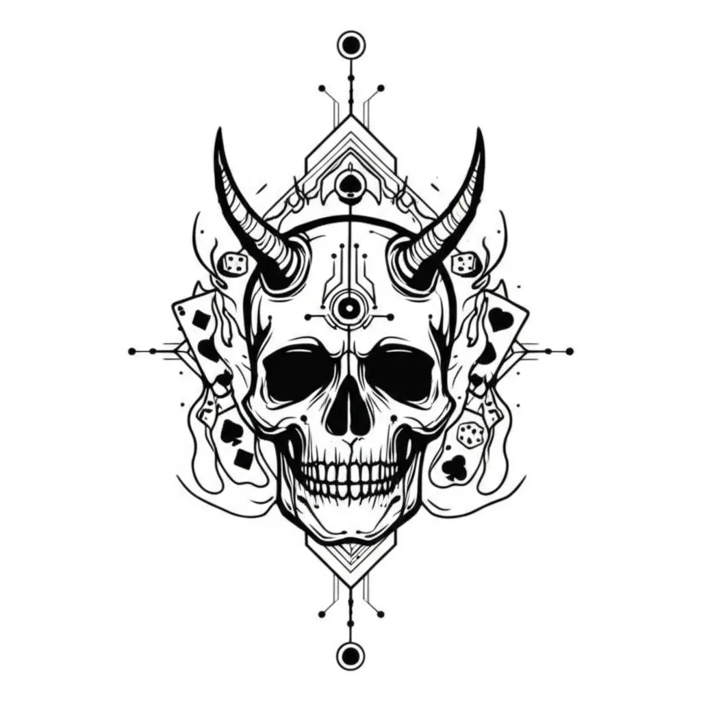 Cyber Sigilism Skull with Devil Horns, Cards & Dice Tattoo Cyber Sigilism Skull with Devil Horns, Cards & Dice Tattoo