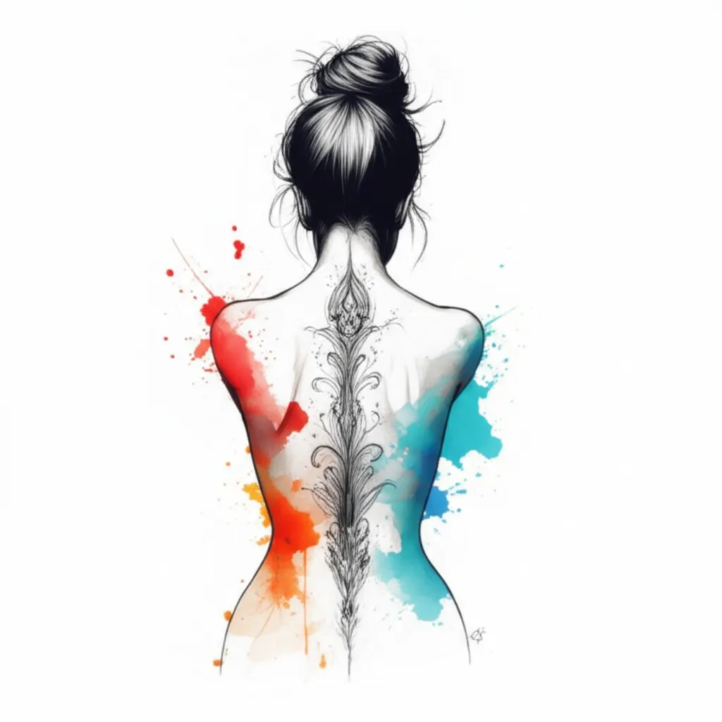 Watercolor Spine Tattoo: Delicate Back Art