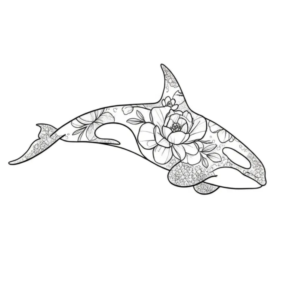 Minimalist Orca Tattoo with Flower Accents - Black and White Design Minimalist Orca Tattoo with Flower Accents - Black and White Design
