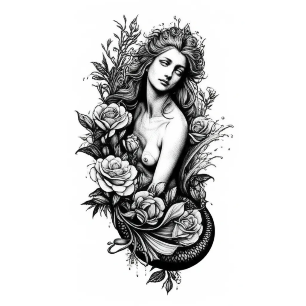 Elegant Black and White Mermaid Tattoo Covering Stretch Marks Elegant Black and White Mermaid Tattoo Covering Stretch Marks