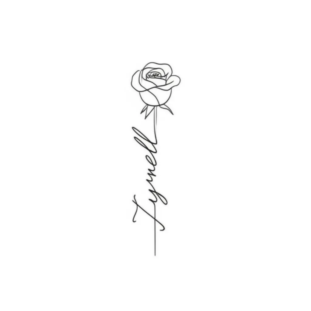 Minimalist Rose Tattoo with Name Tyrell on Wrist