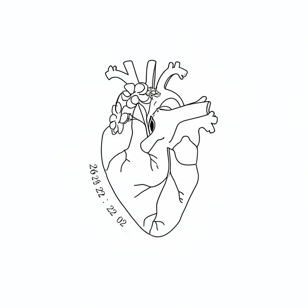 Minimalist Heart Tattoo with Blooming Flowers and Significant Numbers Minimalist Heart Tattoo with Blooming Flowers and Significant Numbers