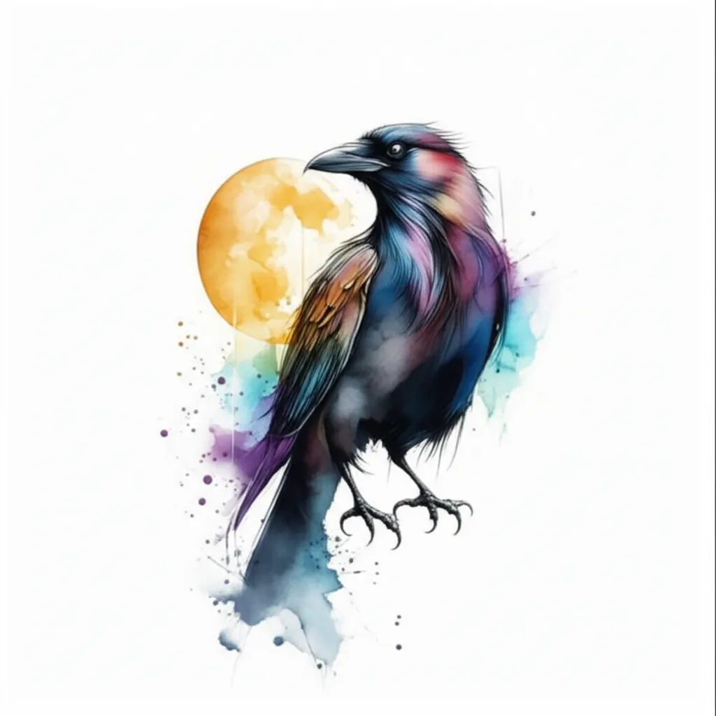 Watercolor Crow and Full Moon Tattoo Design Watercolor Crow and Full Moon Tattoo Design