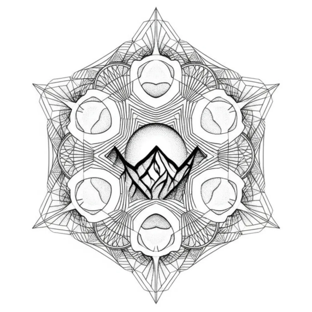 Geometric Mountain and Sun Tattoo Design
