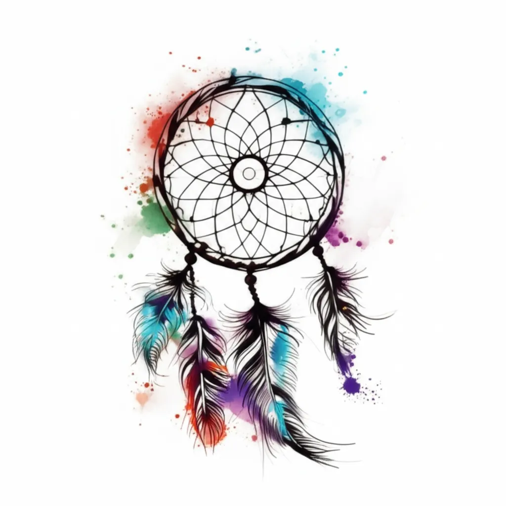 Watercolor Dream Catcher Shoulder Tattoo: Black, White & Color Pop