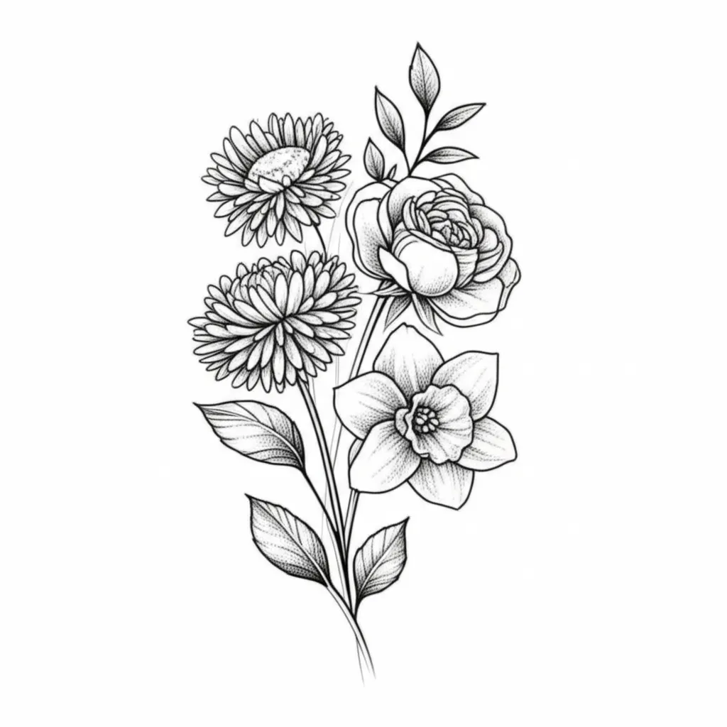 Fine Line Floral Tattoo: Asters, Rose, and Daffodil Design Fine Line Floral Tattoo: Asters, Rose, and Daffodil Design