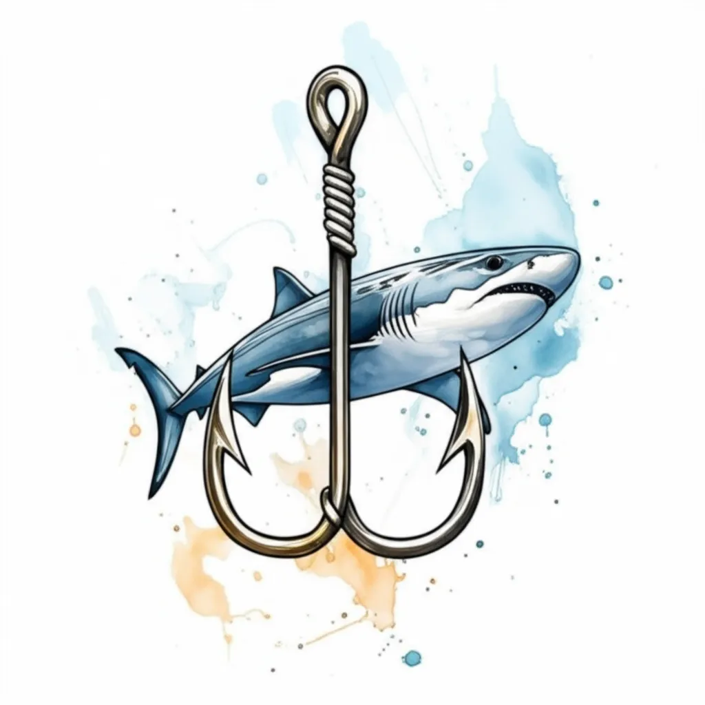 Watercolor Shark and Fish Hook Tattoo Design Watercolor Shark and Fish Hook Tattoo Design