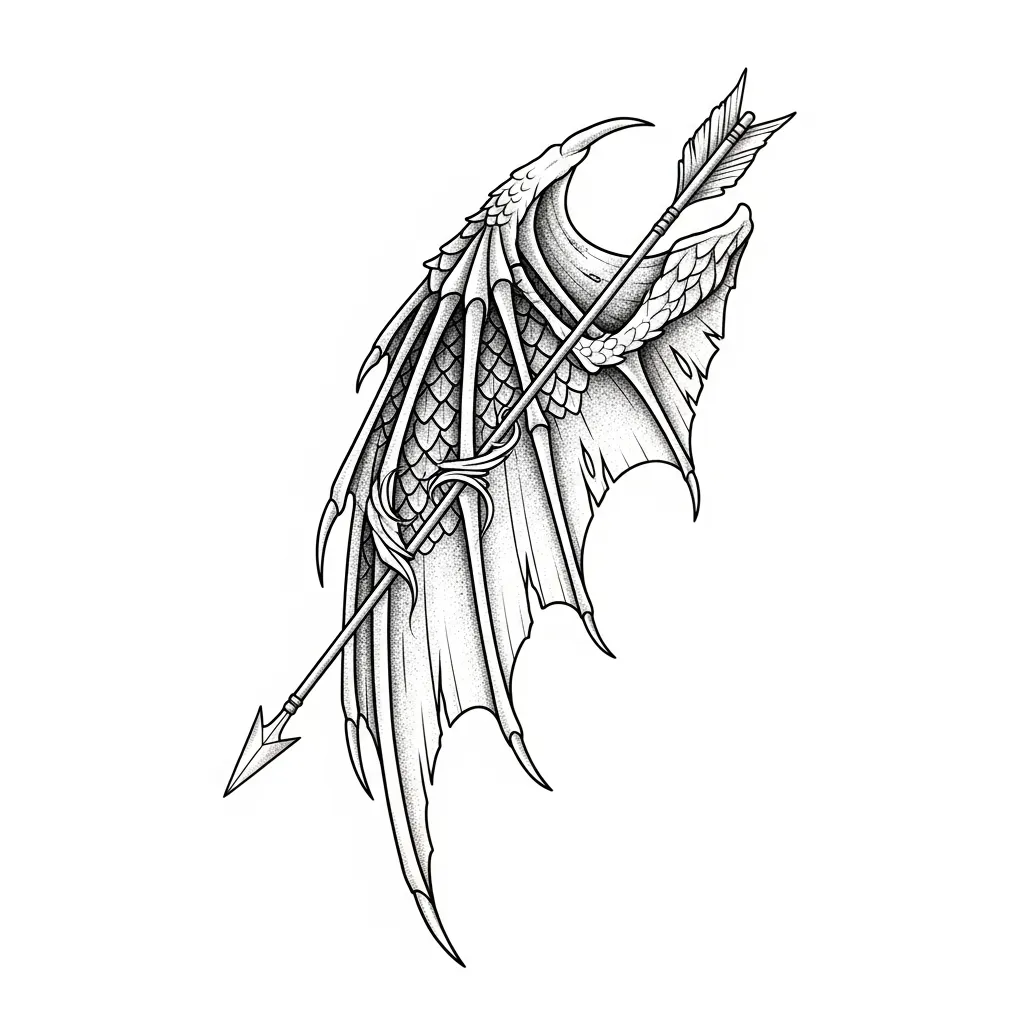 Dragon Wing and Arrow Fine Line Tattoo Design