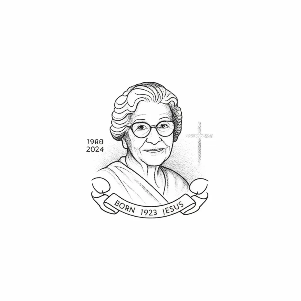 Fine Line Memorial Tattoo for Grandma (1923-2024) with Christian Theme