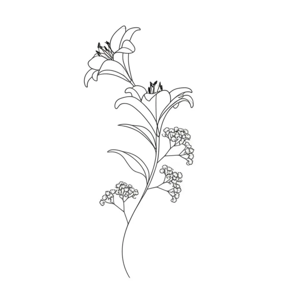 Minimalist Lily and Baby's Breath Spine Tattoo Design Minimalist Lily and Baby's Breath Spine Tattoo Design