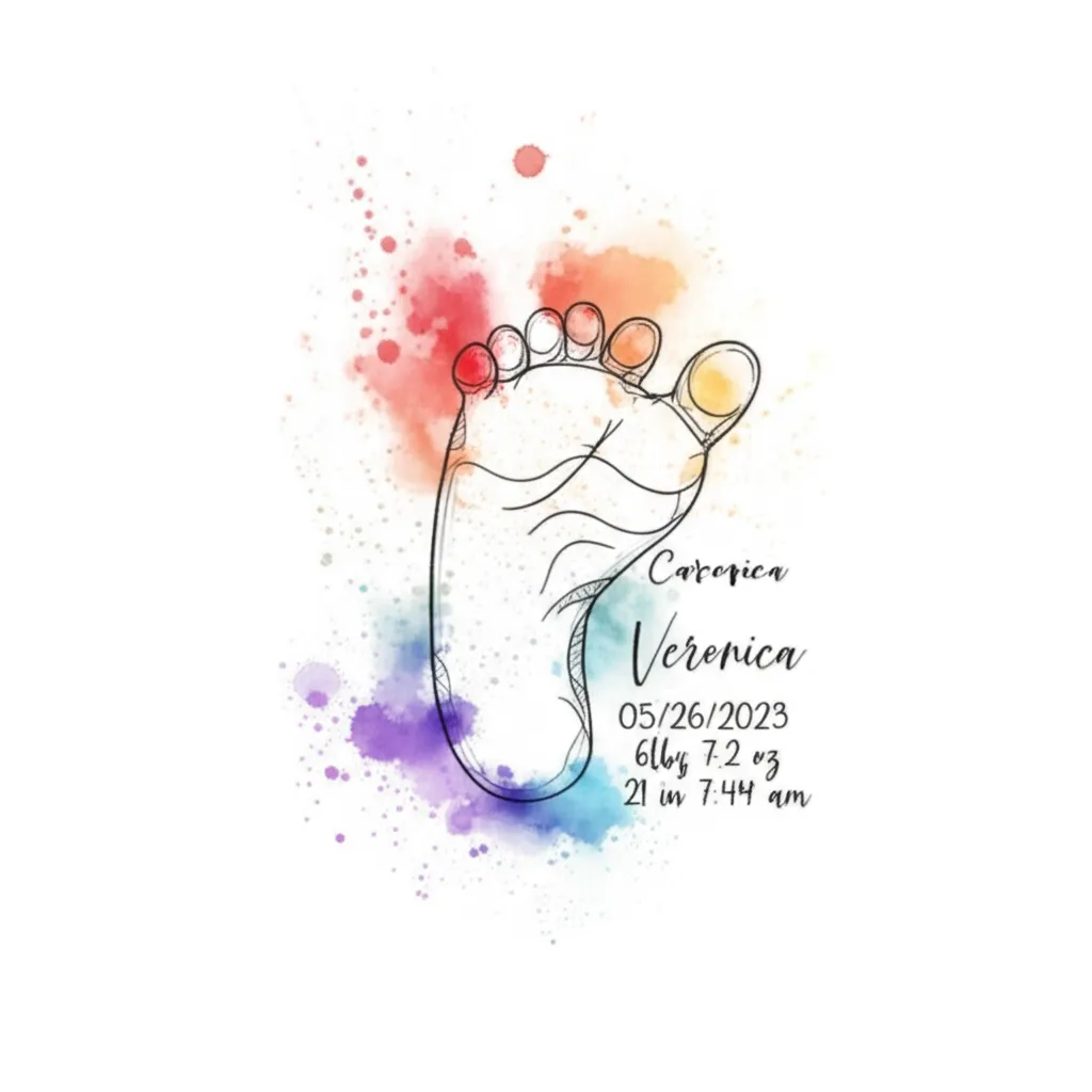 Watercolor Baby Foot Tattoo with Daughter's Name - Veronica