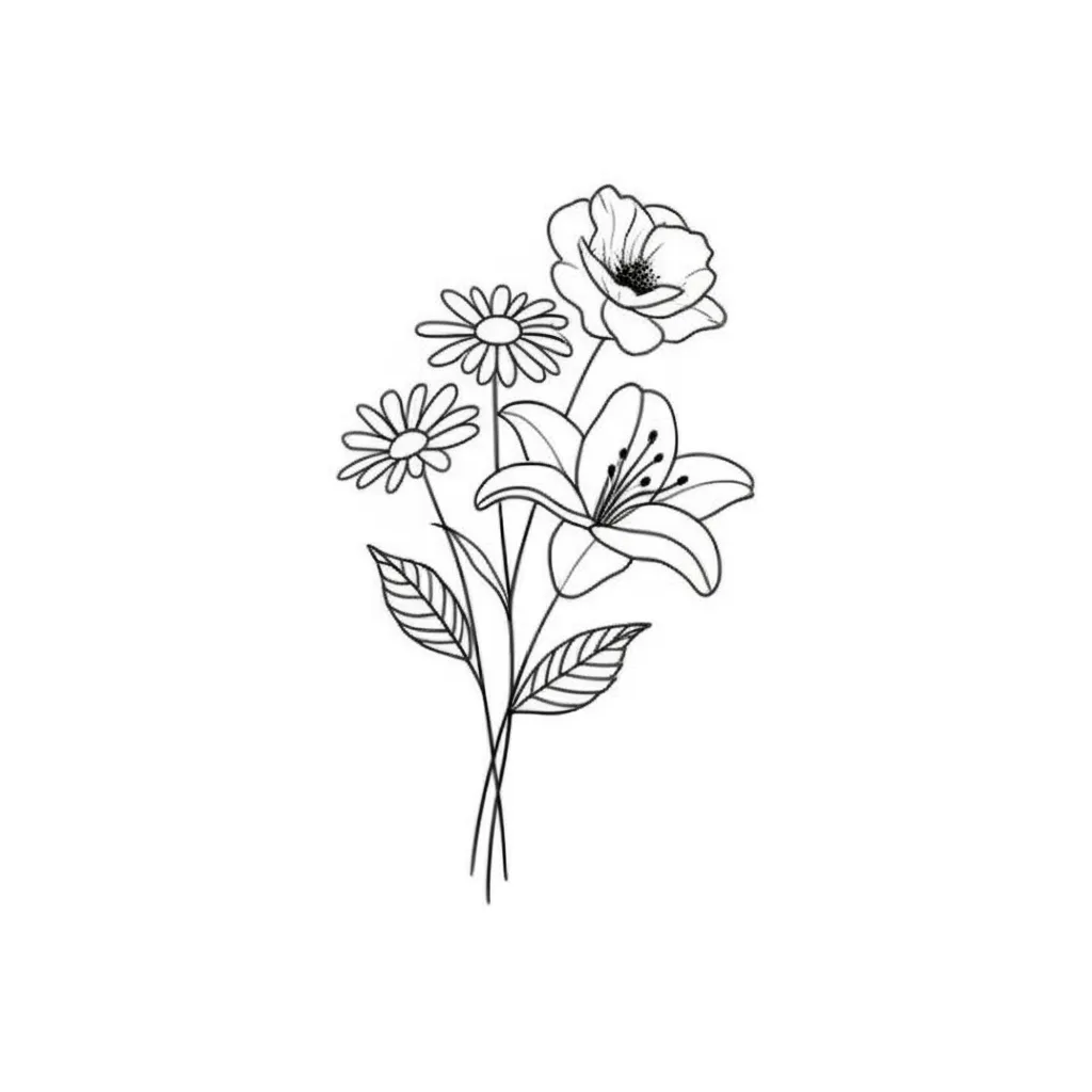 Minimalist Floral Bouquet Tattoo: Daisy, Lily, Poppy, and Rose Design