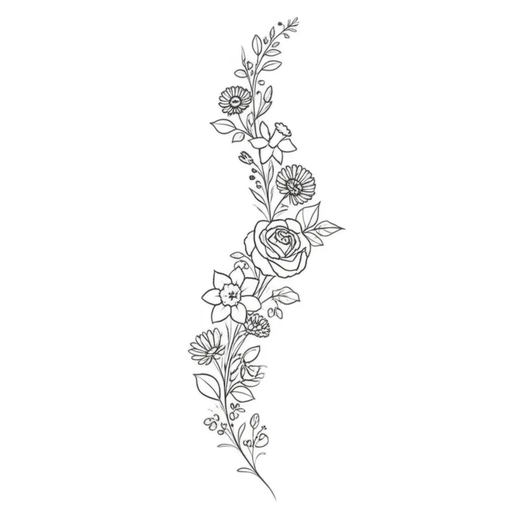 Minimalist Spine Tattoo with Aster, Roses, Daffodils & Daisies Minimalist Spine Tattoo with Aster, Roses, Daffodils & Daisies