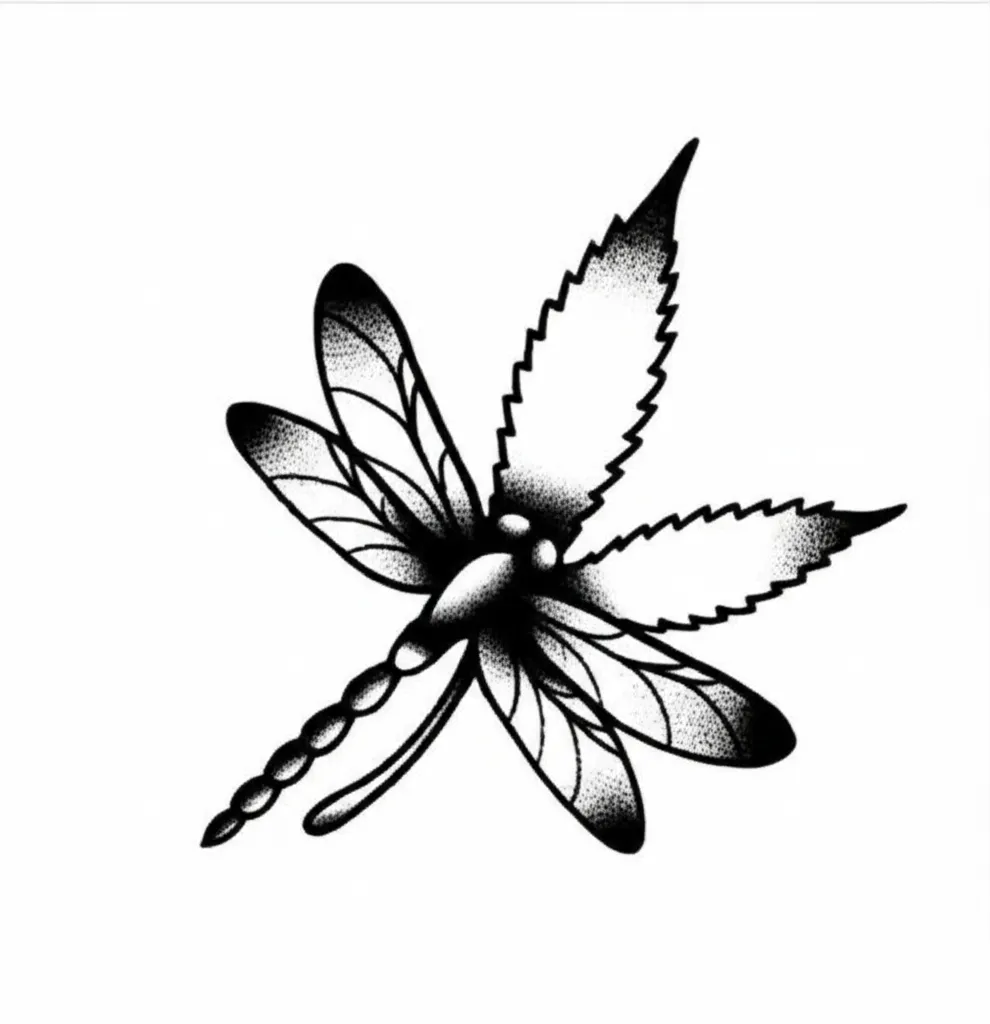 American Traditional Pot Leaf Dragonfly Tattoo Design