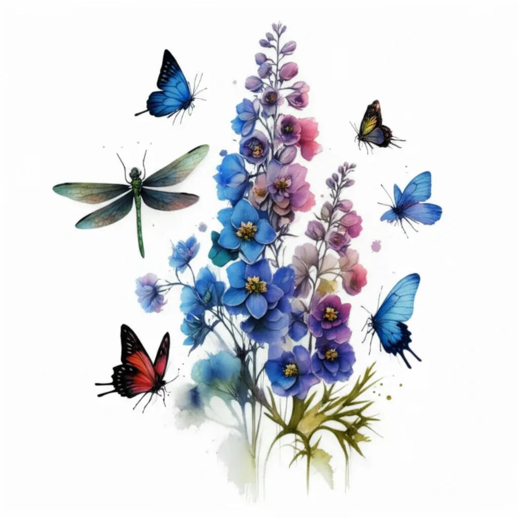 Watercolor Lakspur Flowers, Butterflies, and Dragonflies Tattoo Design Watercolor Lakspur Flowers, Butterflies, and Dragonflies Tattoo Design