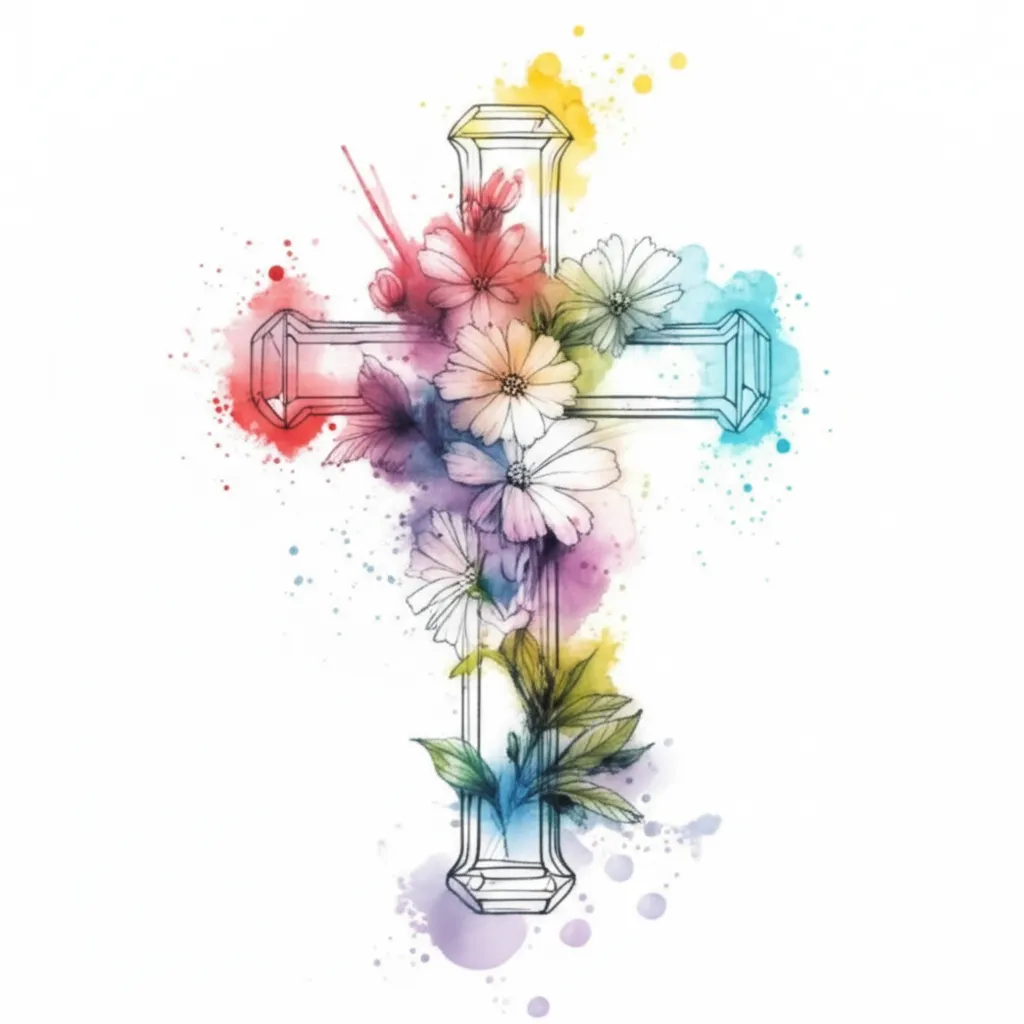 Watercolor Cross with Flowers Tattoo Design Watercolor Cross with Flowers Tattoo Design