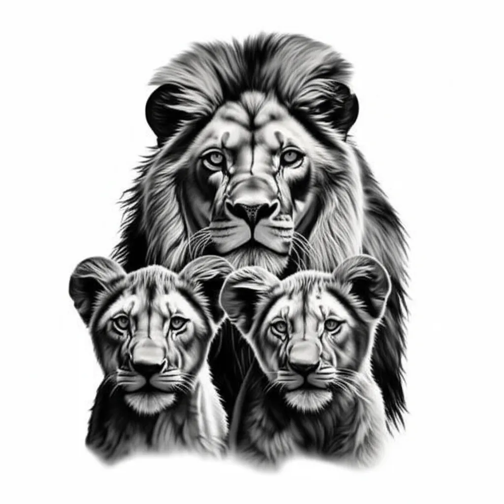 Realistic Lion Family Tattoo: Grandma, Mom, Sister & Brother