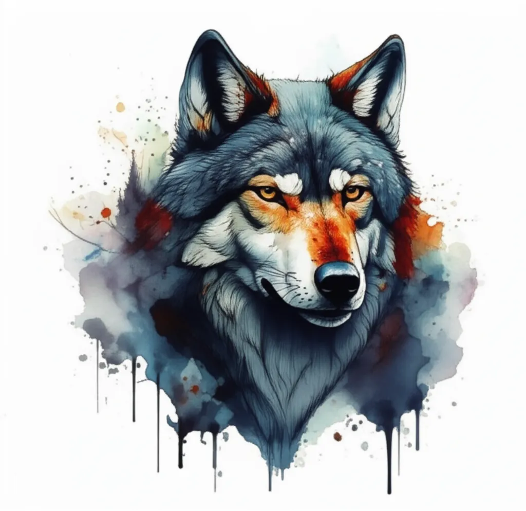 Watercolor Wolf Tattoo Design in Dark Cloudy Woods