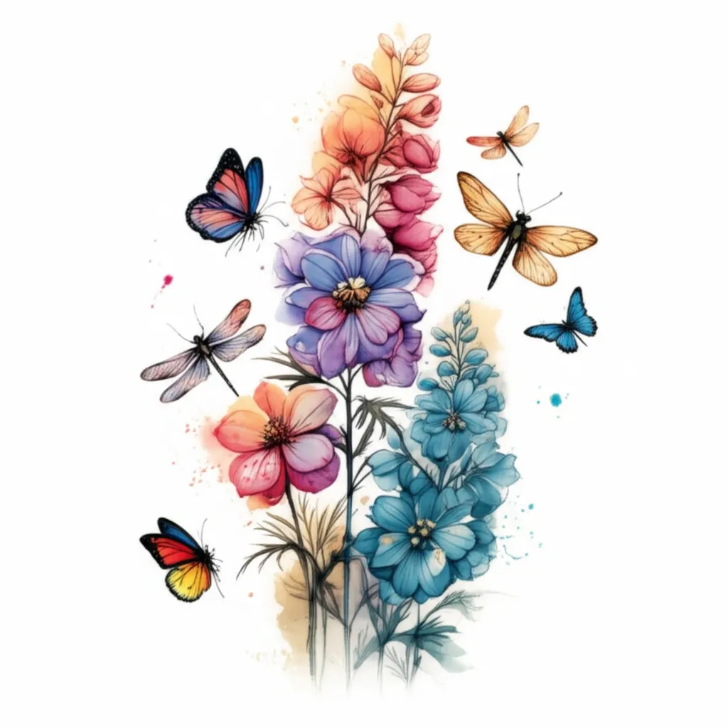 Watercolor Larkspur, Butterflies, and Dragonflies Tattoo Design Watercolor Larkspur, Butterflies, and Dragonflies Tattoo Design
