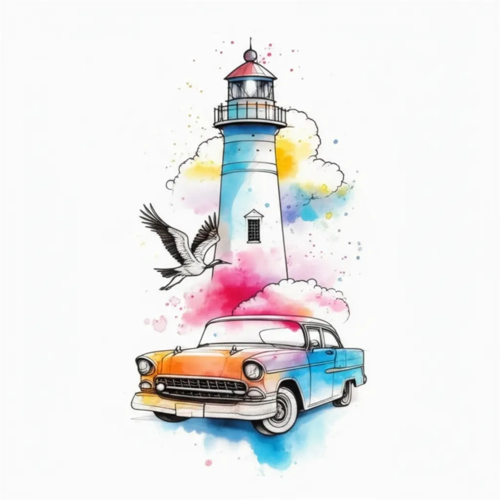 Watercolor Lighthouse, Chevy Belair, and Crane Tattoo Design